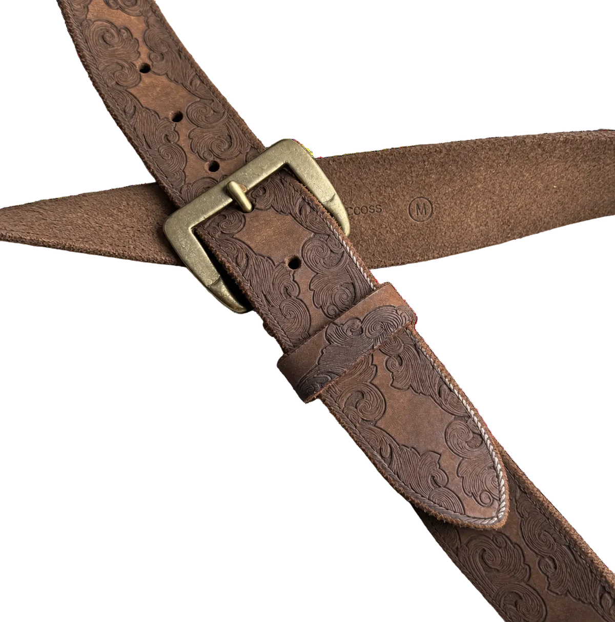 Tooled Leather Belt in Tobacco, crossed straps showing the scrollwork