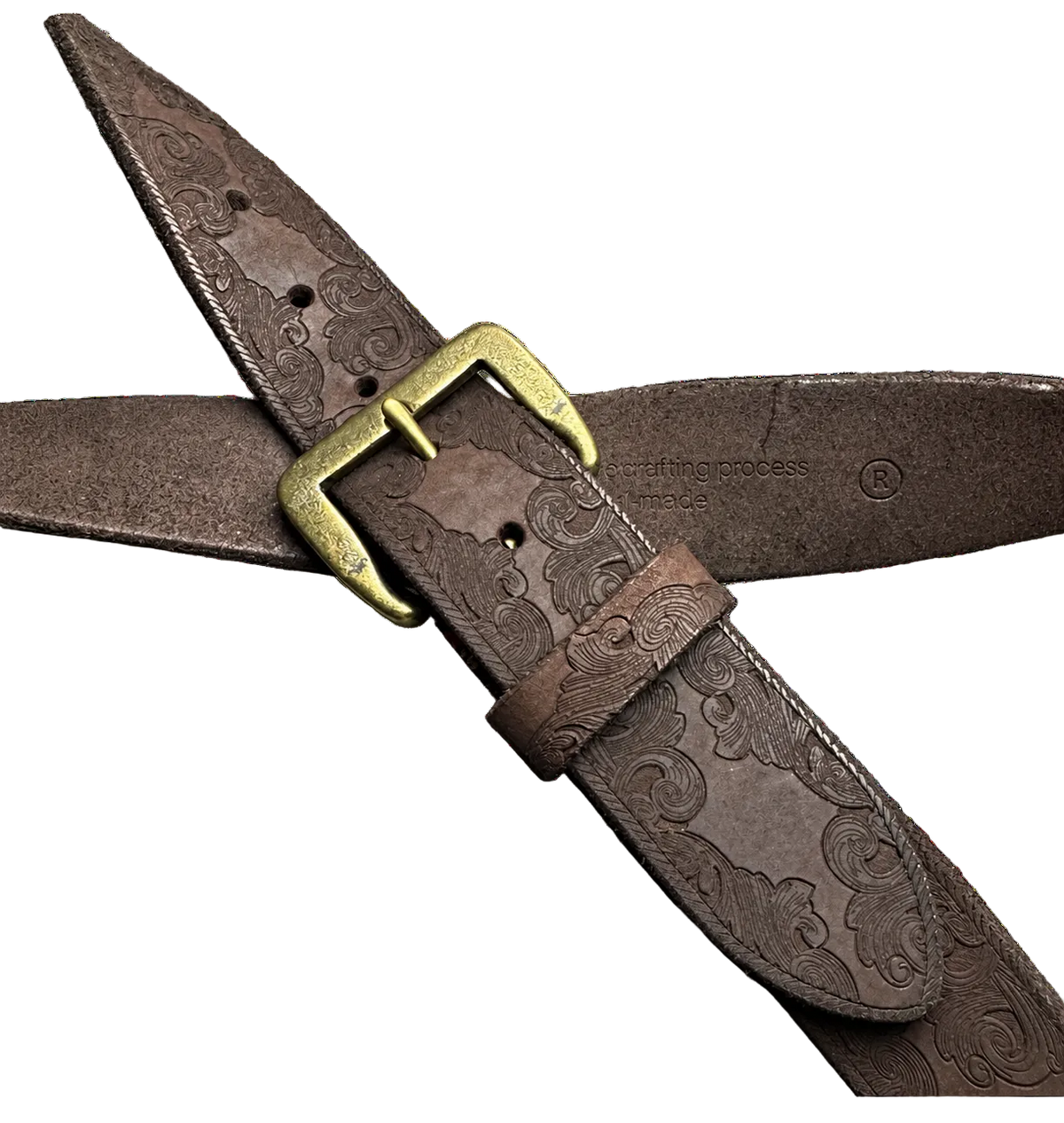 Tooled Leather Belt in Coffee, close-up of the buckle and tooling