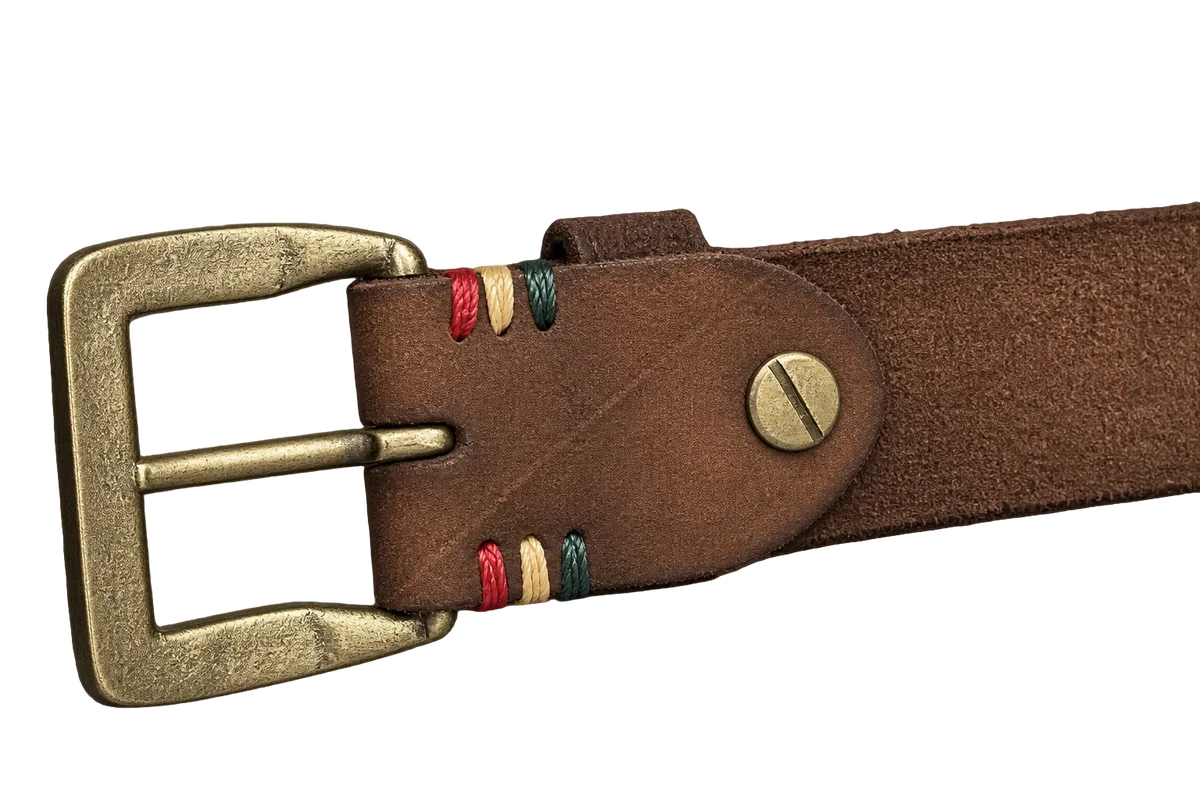 Tooled Leather Belt in Tobacco, buckle and Chicago screw, side view