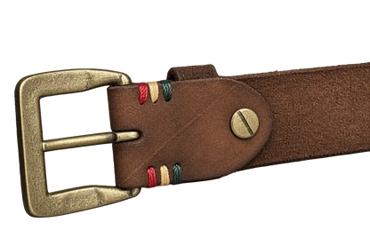 Tooled Leather Belt in Tobacco, buckle and Chicago screw, side view