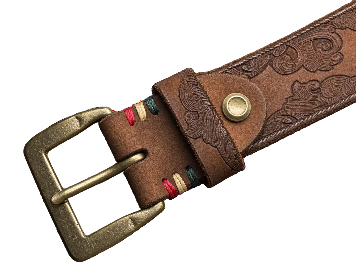 Tooled Leather Belt in Tobacco, close-up of the brass pin buckle