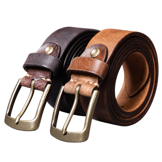 Drover Leather Belt in Coffee and Cognac, rolled, with solid brass buckles