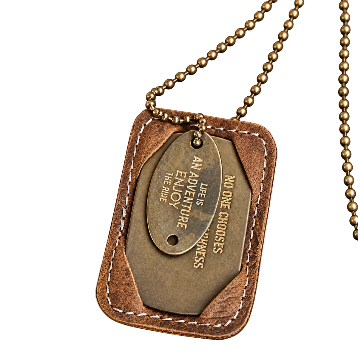 Enjoy the Ride Tag Necklace, two brass tags in the leather holder with ball chains, on white