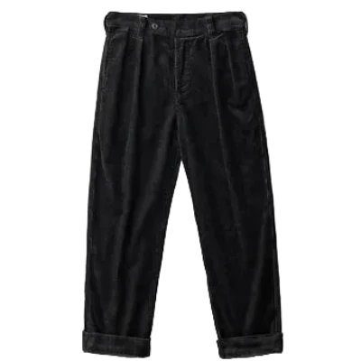 Tailored Pleated Corduroy Trousers in Black, front view, flat lay