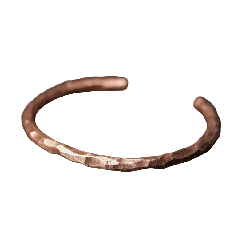 Blacksmith Copper Cuff, hand hammered open bangle on black background