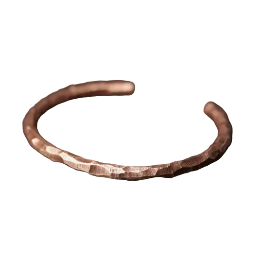 Blacksmith Copper Cuff, hand hammered open bangle on black background
