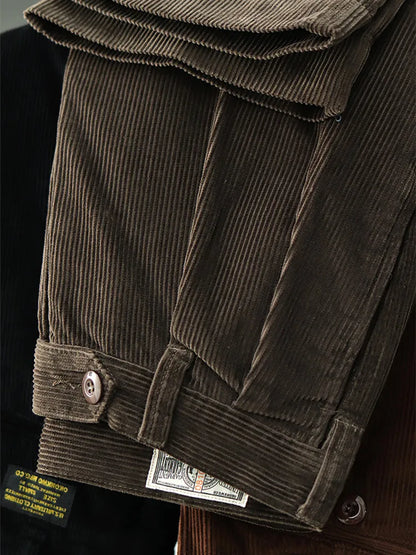 Cuffed hem and wide wale corduroy texture, trousers folded