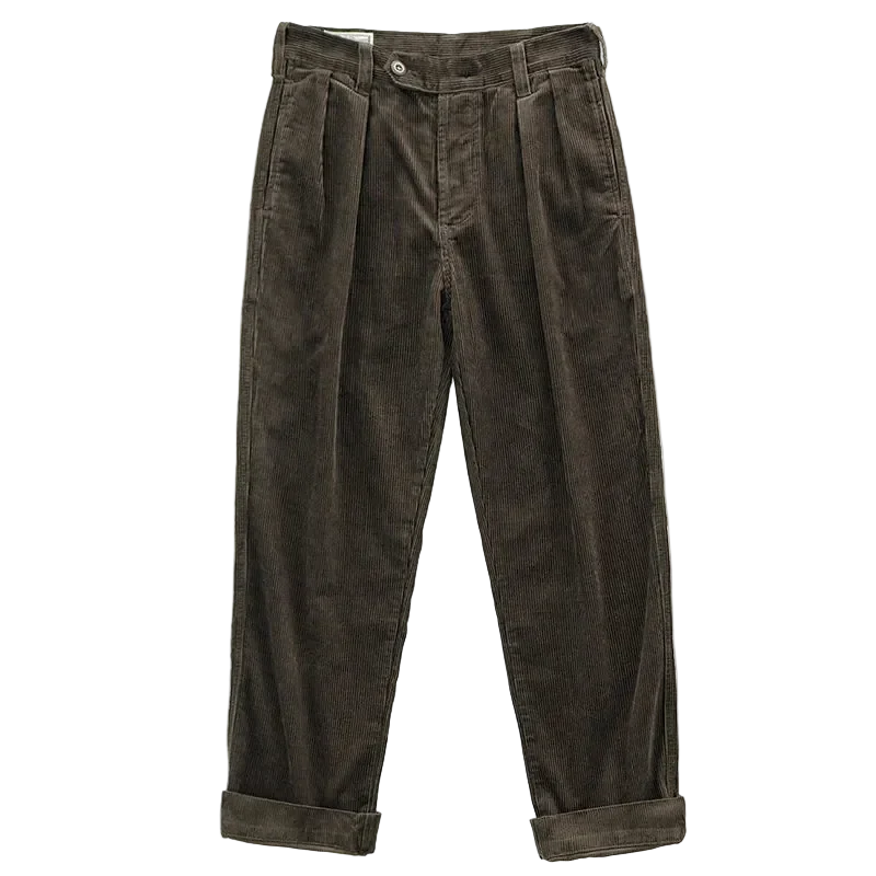 Tailored Pleated Corduroy Trousers in Dark Olive, front view, flat lay