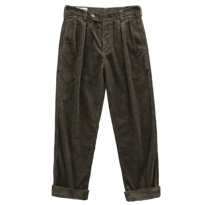 Tailored Pleated Corduroy Trousers in Dark Olive, front view, flat lay