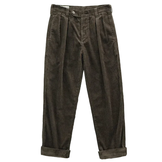 Tailored Pleated Corduroy Trousers in Dark Olive, front view, flat lay