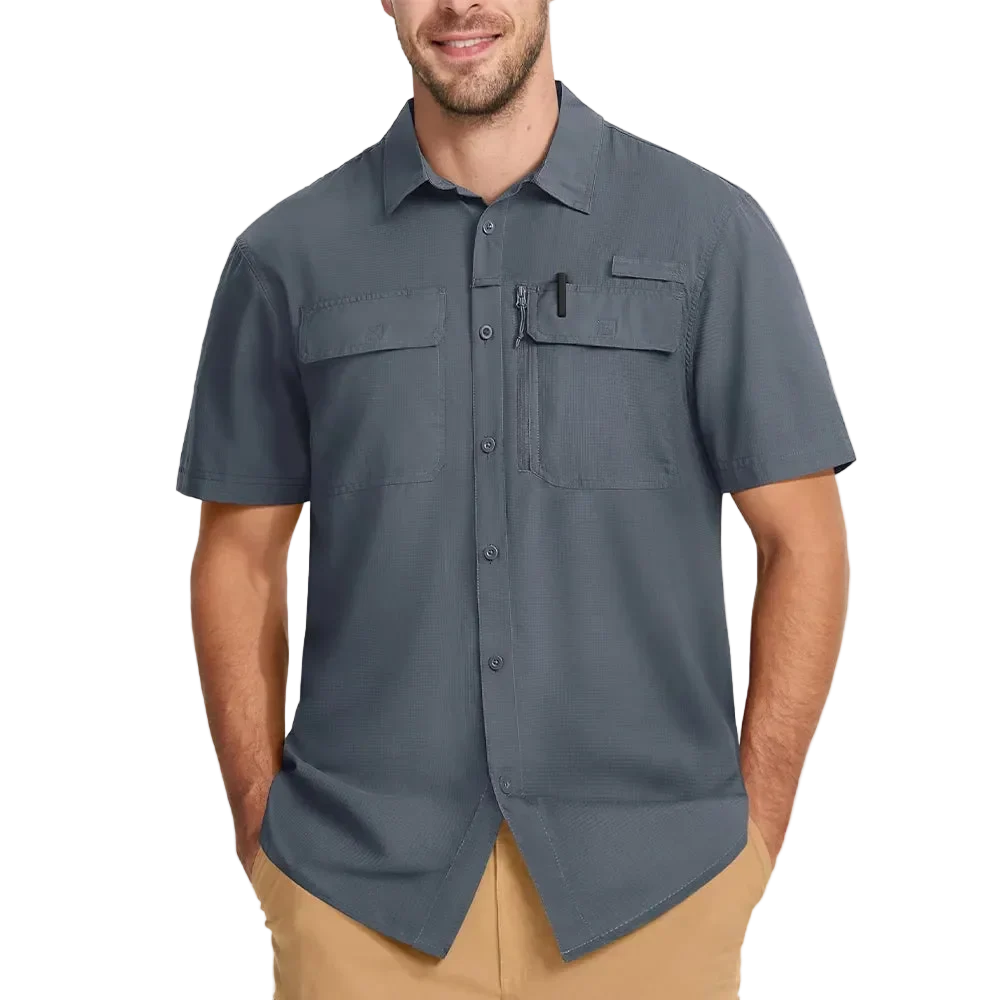 Latitude UPF 50+ Quick Dry Shirt in Slate Grey, front view on model torso