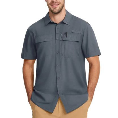 Latitude UPF 50+ Quick Dry Shirt in Slate Grey, front view on model torso