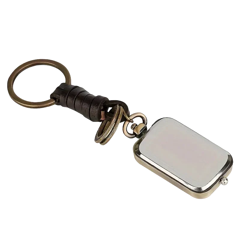 Bronze Pocket Watch Keychain seen from behind, ring and braided leather