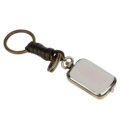 Bronze Pocket Watch Keychain seen from behind, ring and braided leather