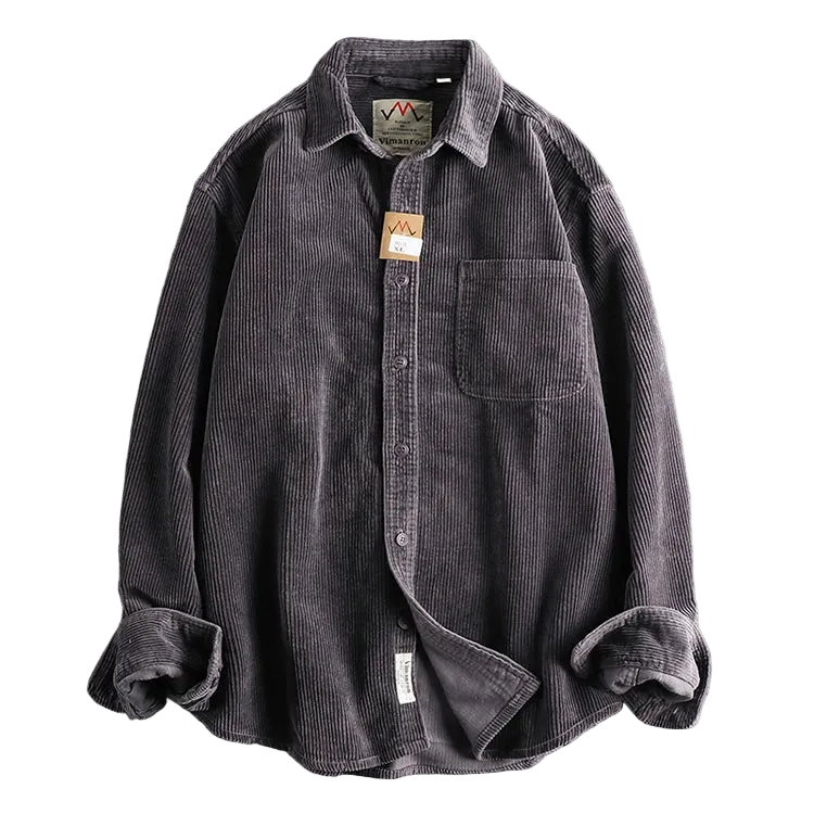 Oversized Corduroy Worker Shirt in a dark charcoal tone, laid flat