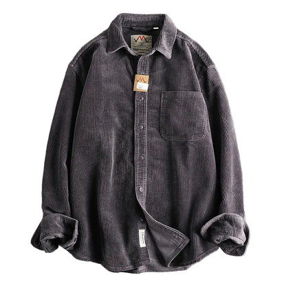 Oversized Corduroy Worker Shirt in a dark charcoal tone, laid flat