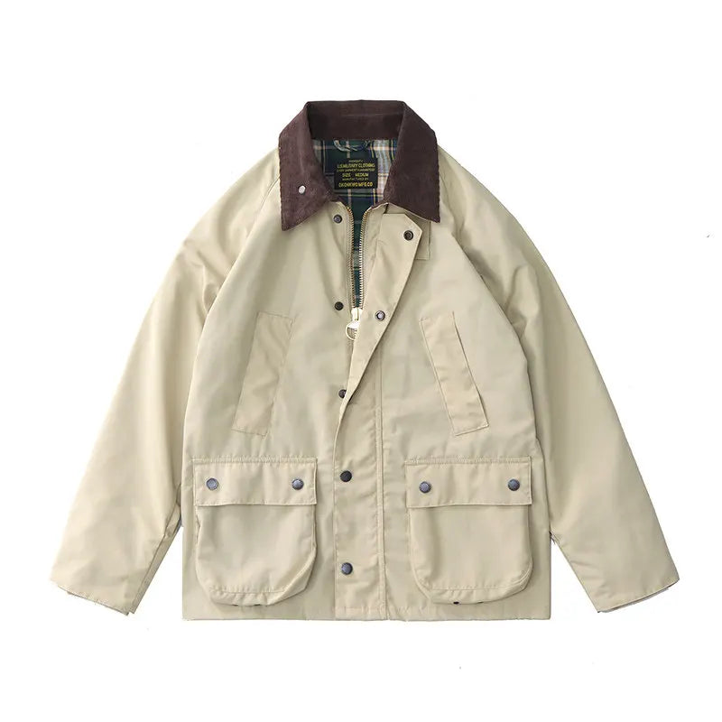 Highland Waxed Jacket in Khaki (unwaxed), laid flat