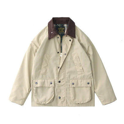 Highland Waxed Jacket in Khaki (unwaxed), laid flat