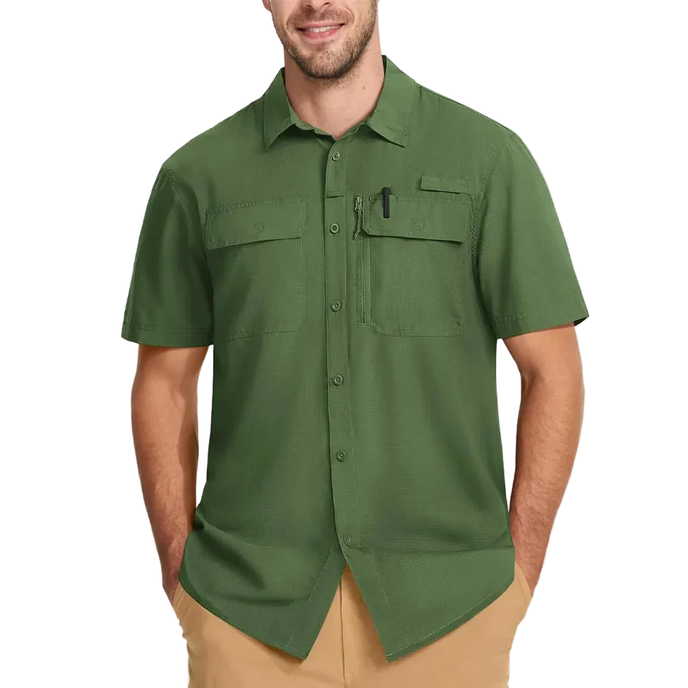 Latitude UPF 50+ Quick Dry Shirt in Army Green, front view on model torso