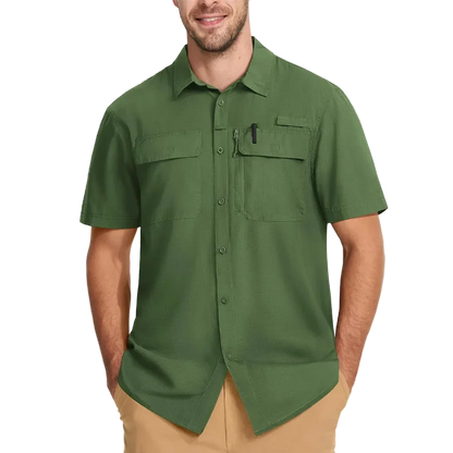 Latitude UPF 50+ Quick Dry Shirt in Army Green, front view on model torso