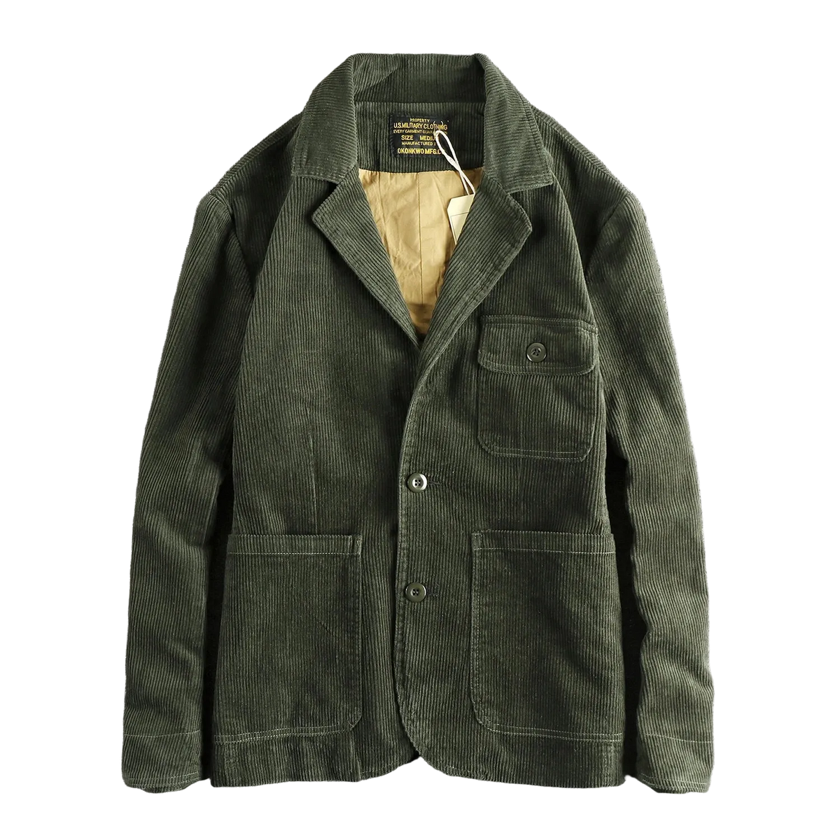 Corduroy Worker Blazer in Army Green, front view