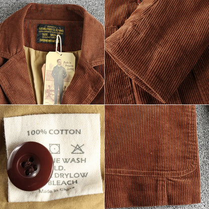 Details of the Corduroy Worker Blazer: inner label, vintage tag, sleeve, care label and patch pocket