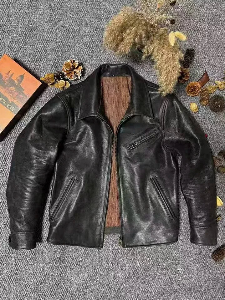 Garage Leather Jacket in Coffee, open, showing the cotton lining