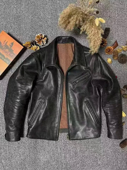 Garage Leather Jacket in Coffee, open, showing the cotton lining