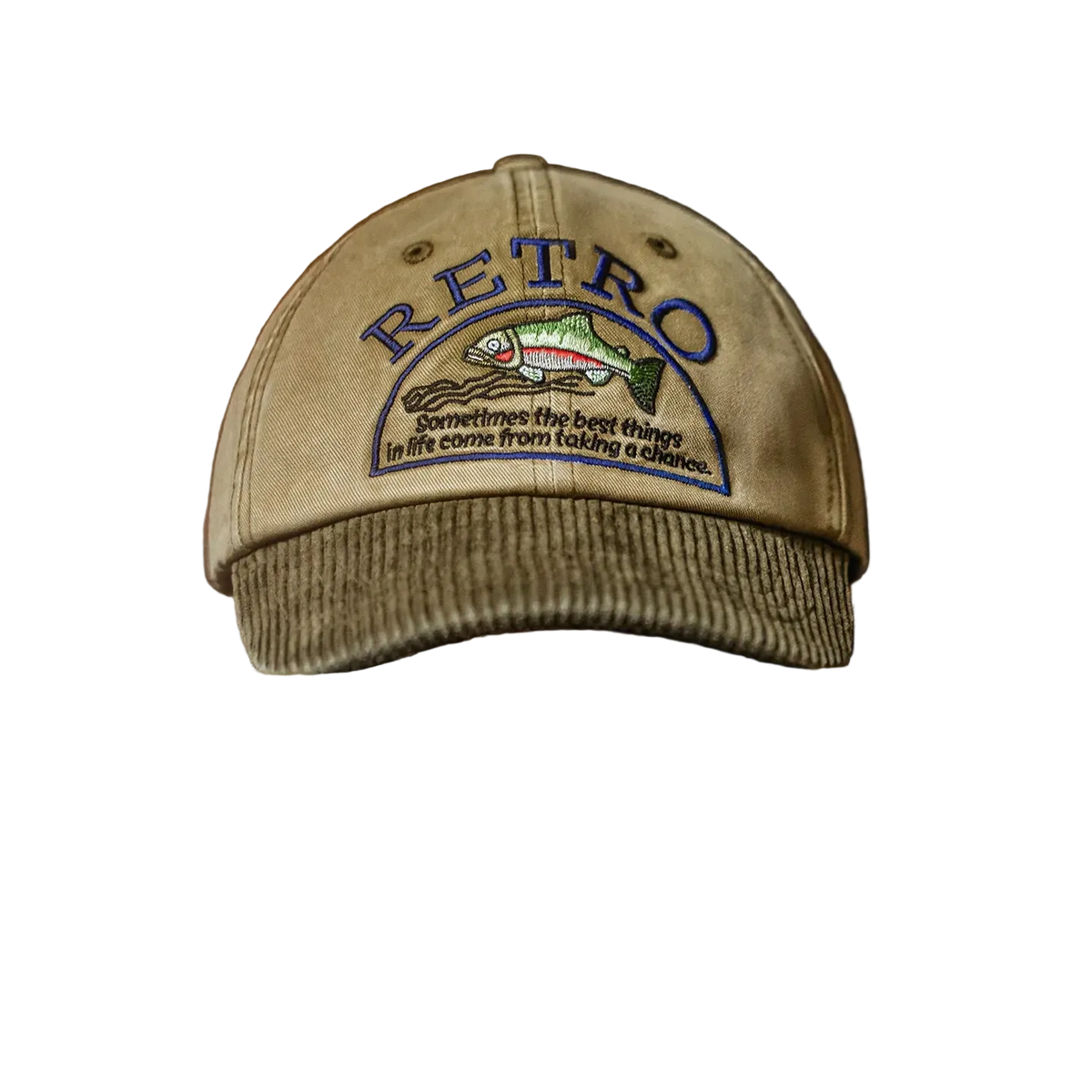 Eddy Corduroy Cap in khaki, front view with the RETRO trout embroidery