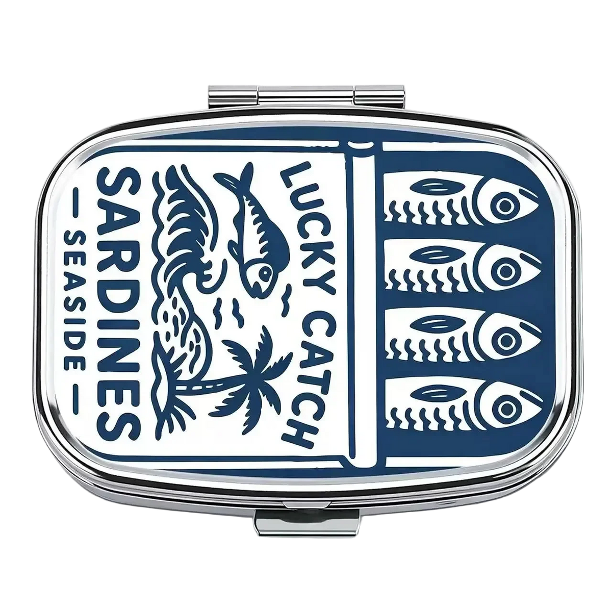 Lucky Catch Pocket Tin, closed, navy sardine can print on white