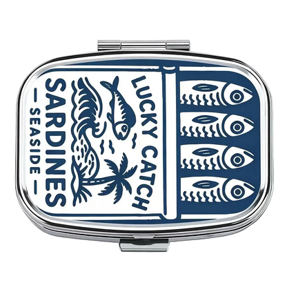 Lucky Catch Pocket Tin, closed, navy sardine can print on white