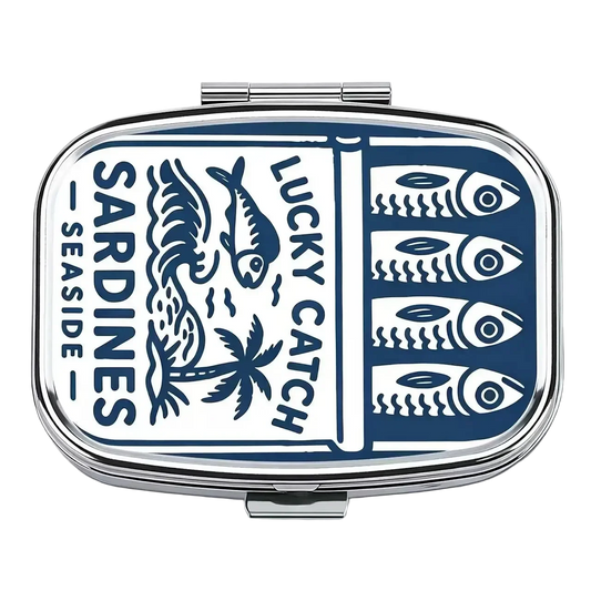 Lucky Catch Pocket Tin, closed, navy sardine can print on white