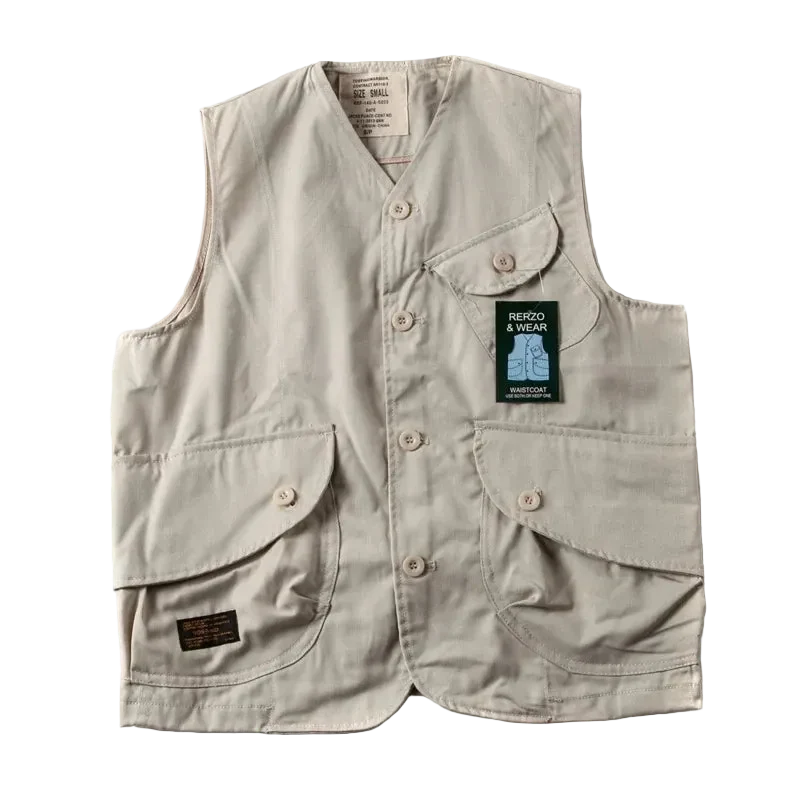 Expedition Cargo Vest in Stone, front view, flat lay