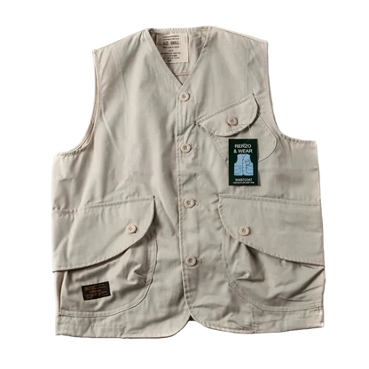 Expedition Cargo Vest in Stone, front view, flat lay
