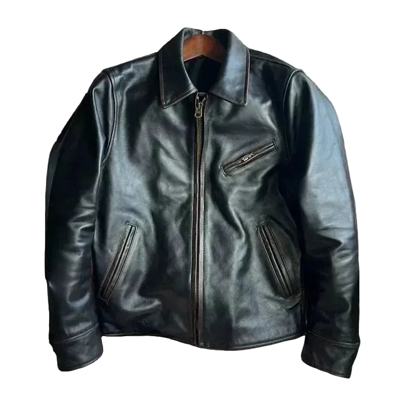 Garage Leather Jacket in Coffee, front view, laid on a blanket