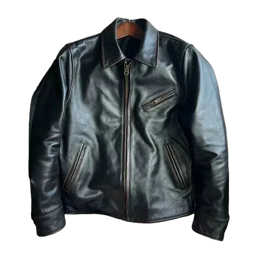 Garage Leather Jacket in Coffee, front view, laid on a blanket