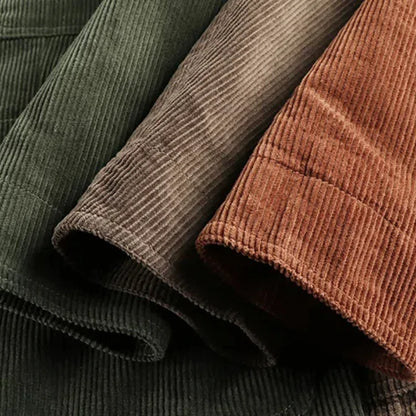 Close-up of the corduroy texture in Army Green, Coffee and Rust