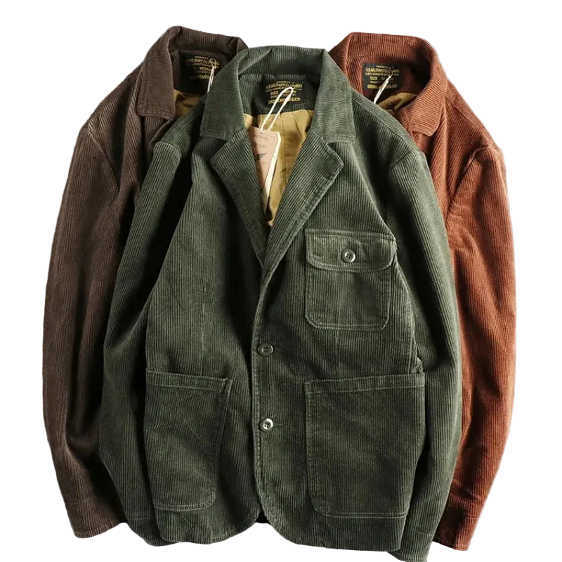 Corduroy Worker Blazer in Army Green and Rust, laid flat