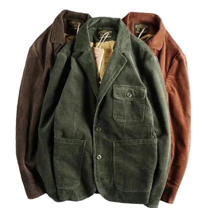 Corduroy Worker Blazer in Army Green and Rust, laid flat