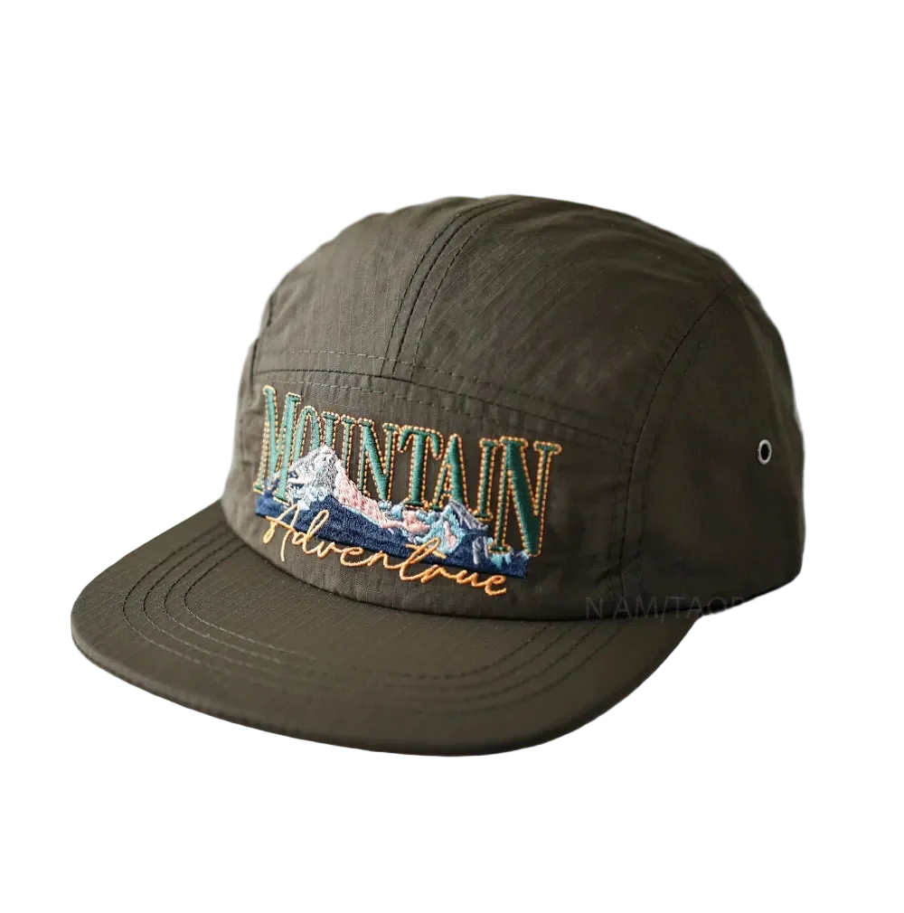 Mountain Adventure Camper Cap in Olive, front view with the embroidery