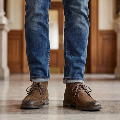 Pampa Suede Chukka Boot with cuffed jeans, front view