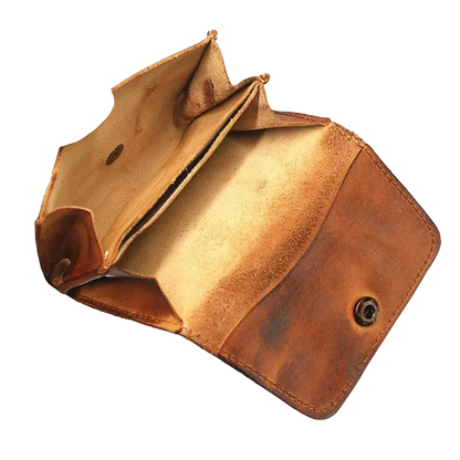 Nomad Leather Wallet open, showing the compartments and the snap closure