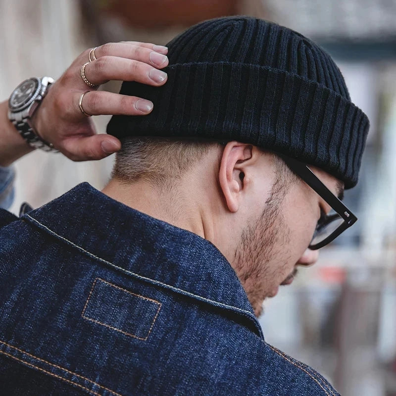 2-in-1 Balaclava Beanie, back view with a denim jacket