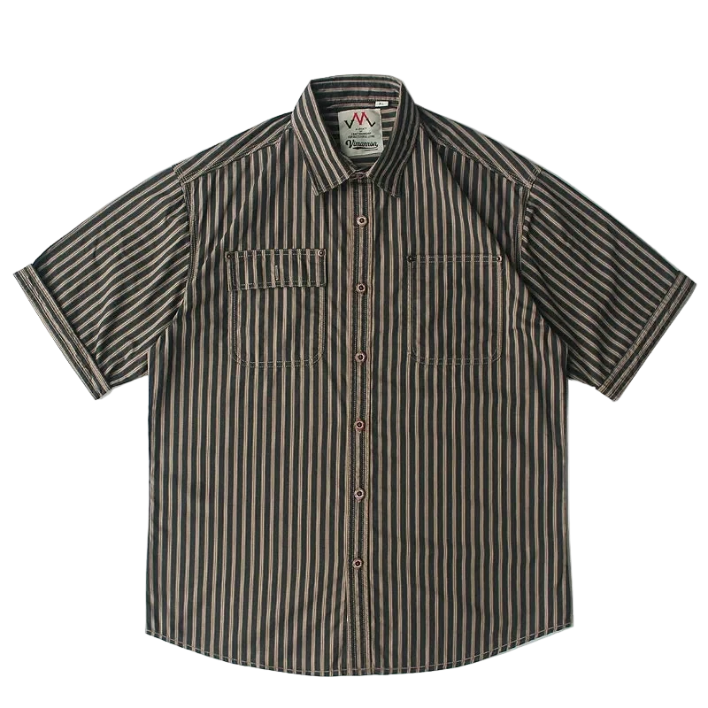 Cabana Striped Cotton Shirt in Graphite, front view, flat lay