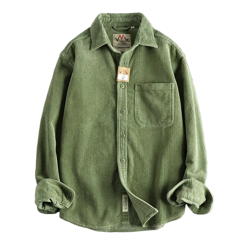Oversized Corduroy Worker Shirt in Olive, laid flat