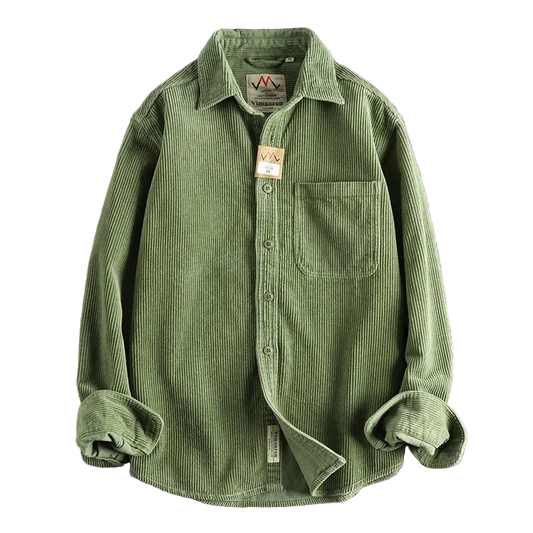 Oversized Corduroy Worker Shirt in Olive, laid flat