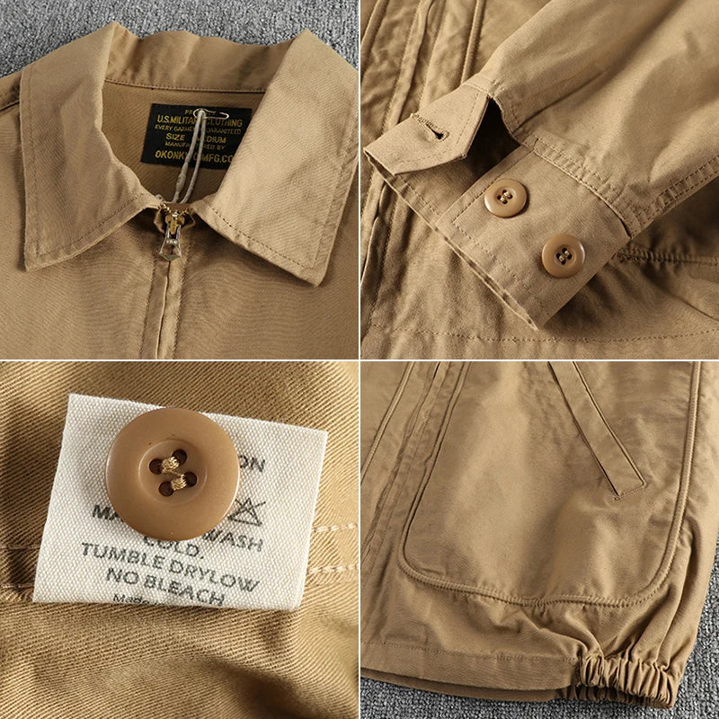 Details of the Frontier Field Jacket: collar and inner label, buttoned cuff, care label, gathered waist