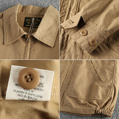 Details of the Frontier Field Jacket: collar and inner label, buttoned cuff, care label, gathered waist