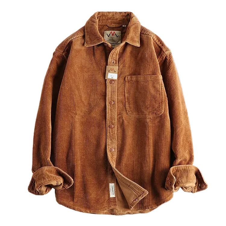 Oversized Corduroy Worker Shirt in Caramel, laid flat