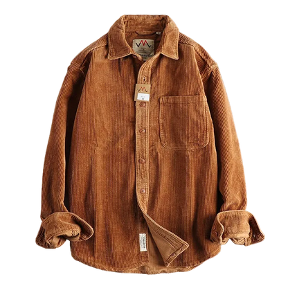 Oversized Corduroy Worker Shirt in Caramel, laid flat